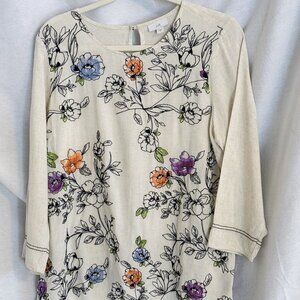 J. Jill, Botanical Garden, Tunic top in off white with long sleeves, s/Med.